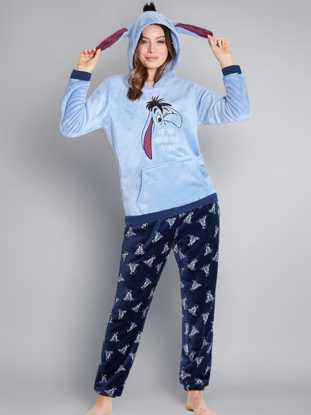 Super Soft Disney Winnie The Pooh Eeyore Velour Hooded 2 Pc Pajama Set Medium